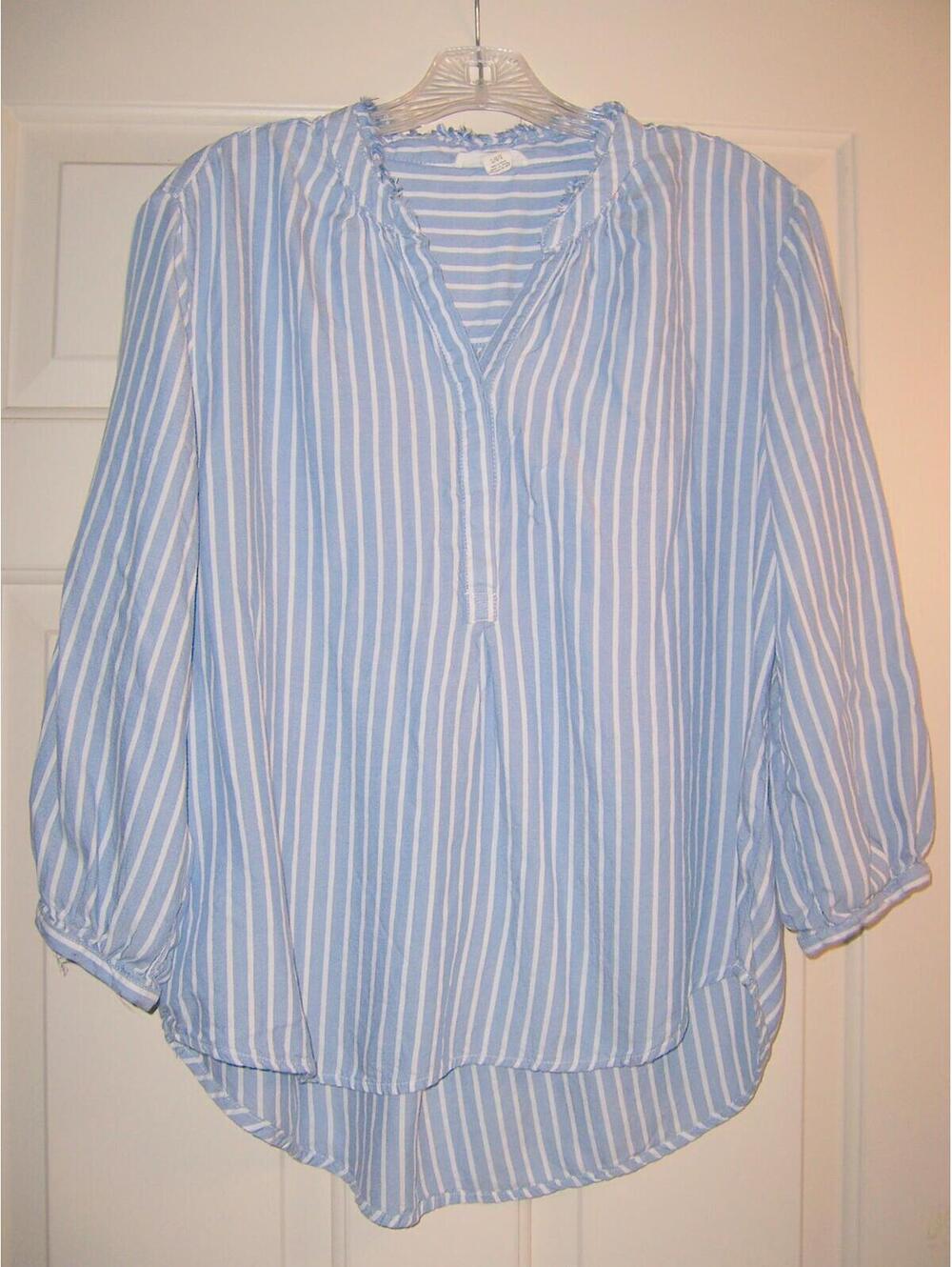 BeachLunchLounge Striped 2/4 Sleeve Blouse Raw Hem Collar-L